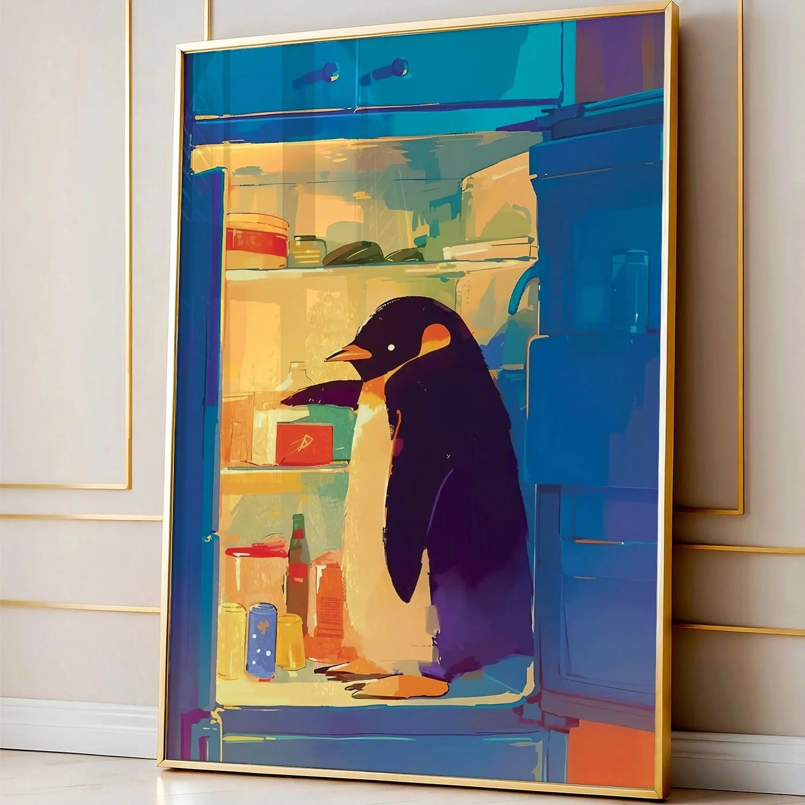 Penguin Opens The Fridge Wall Art, Funny Penguin Poster, Watercolor Aesthetic Print, Penguin Poster, Cute Animal Prints, Penguin Lover