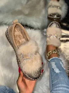 Women's Casual Faux Fur Mary Jane Soft Sole Flats, Cute Butterfly Rhinestone Decor, Slip-On Round Toe Shoes, Comfortable All Seasons