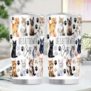 1pc 20oz Cute & Kitten Insulated Stainless Steel Tumbler - Leakproof Travel Mug with Tabby/Tortoiseshell/ British Shorthair Patterns, Paw Print & Bone Motifs, Gift for Lovers, & s (Black/White)