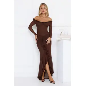 Lunar Twinkle Mesh Off Shoulder Maxi Dress Brown