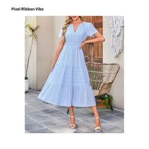 2026 Women's Hot-Selling V-Neck Ruched Puff Sleeve Flared Short-Sleeve Dress