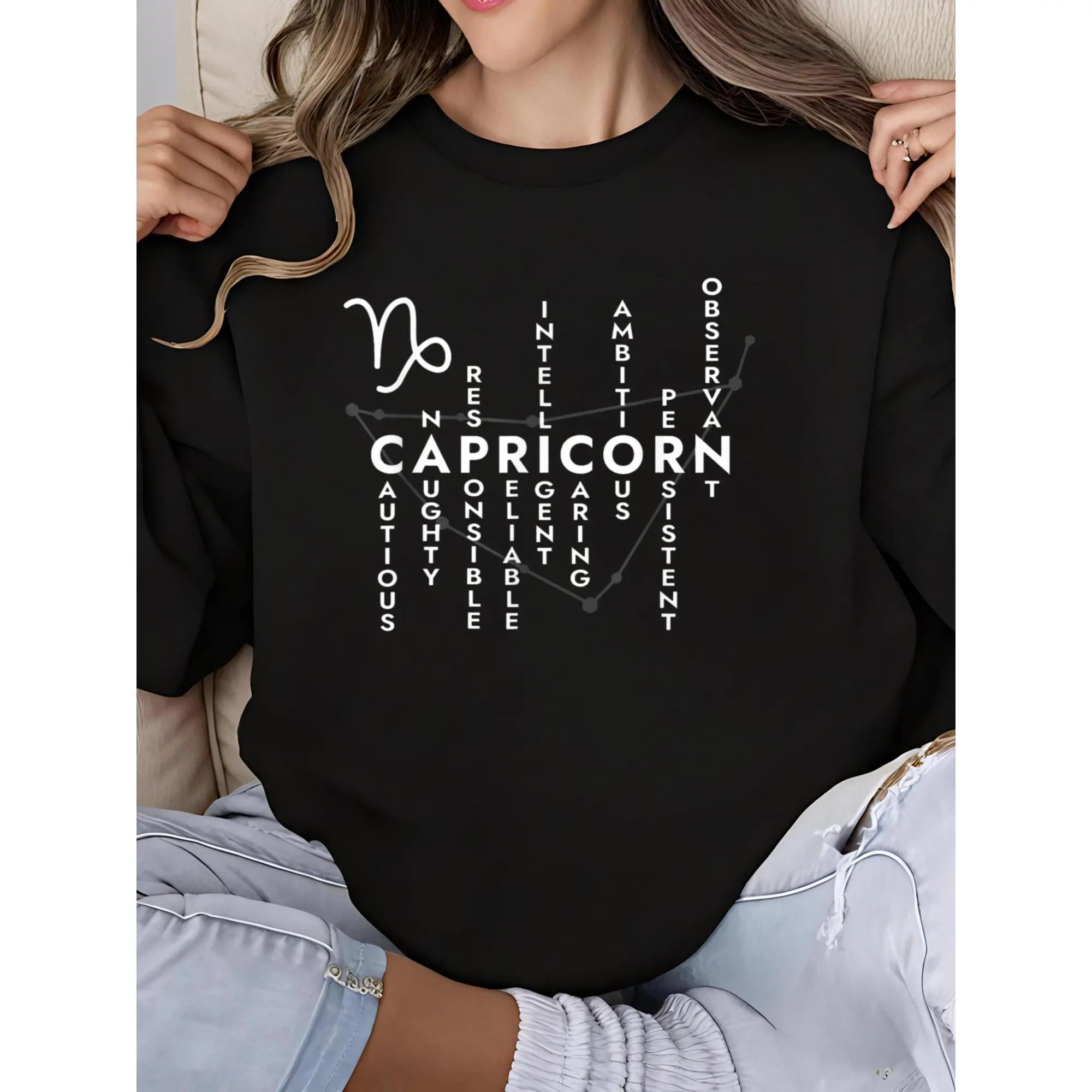 Women's Proud Capricorn Zodiac Sweatshirt Long Sleeve Crew Neck Astrology Sign Gift Christmas Birthday Apparel Cozy Winter Fashion Top