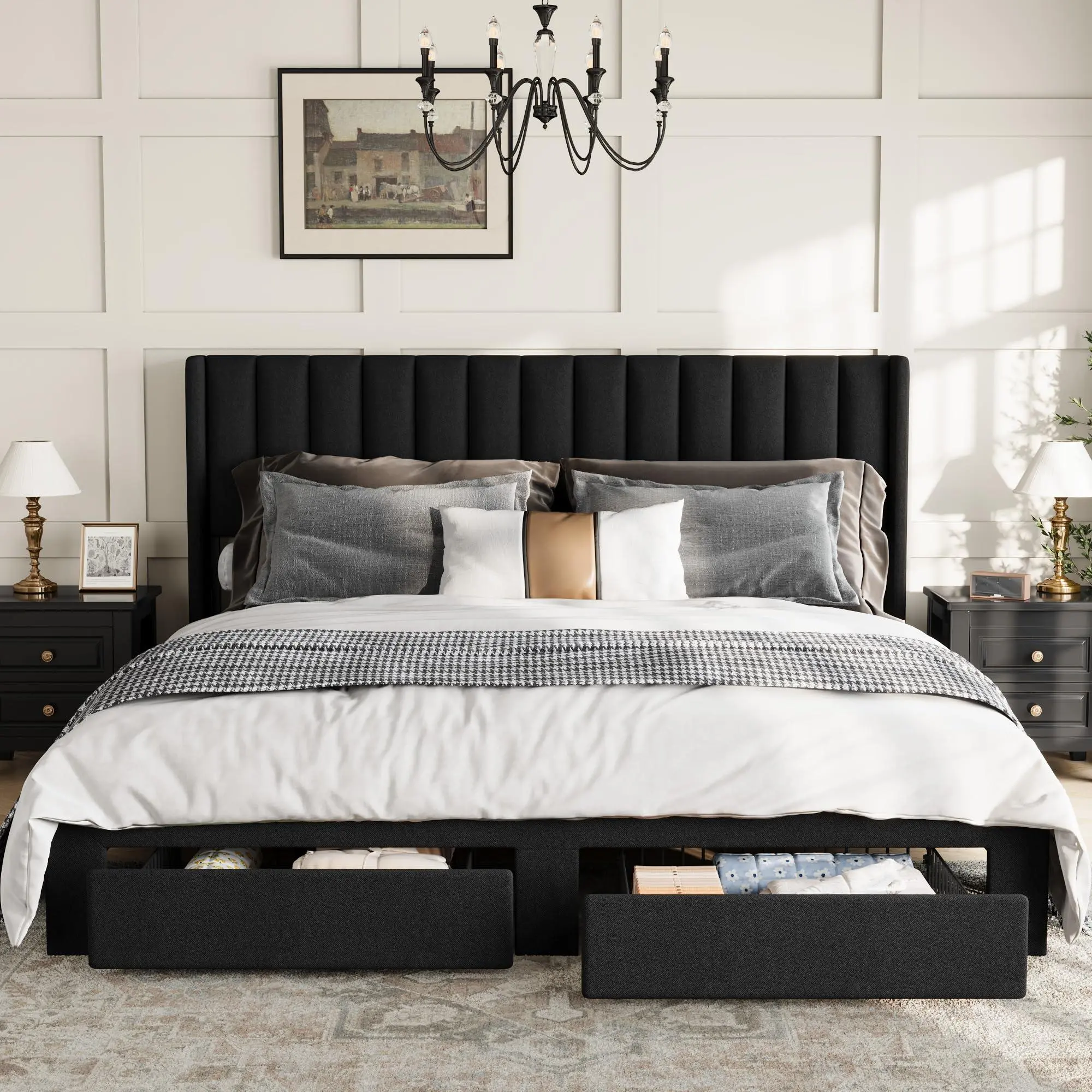 King Size Velvet Wingback Bed with Storage Drawers, Black | Channel Tufted Design, Reinforced Metal Frame, Rolling Casters, Noise-Free Operation