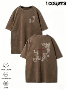 Neutral Dark Style Cross Print Washed T-Shirt, Subculture Loose Fit Short Sleeve, Casual Graphic Tee for Men and Women