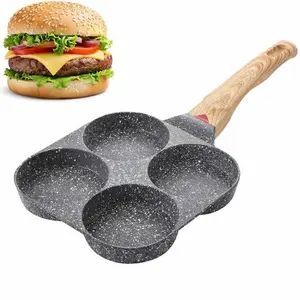 Non-stick Egg Frying Pan, 4 Holes Skillet With Handle,Multifunctional,Wooden Handle Medical Stone Omelet Non-stick Cookware frying pan
