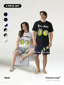 Rick and Morty「2-Piece Set」Comfortable Breathable Short Sleeve Shorts, Casual Loose-Fitting Graphic Pajamas for Daily Wear at Home or Outdoors