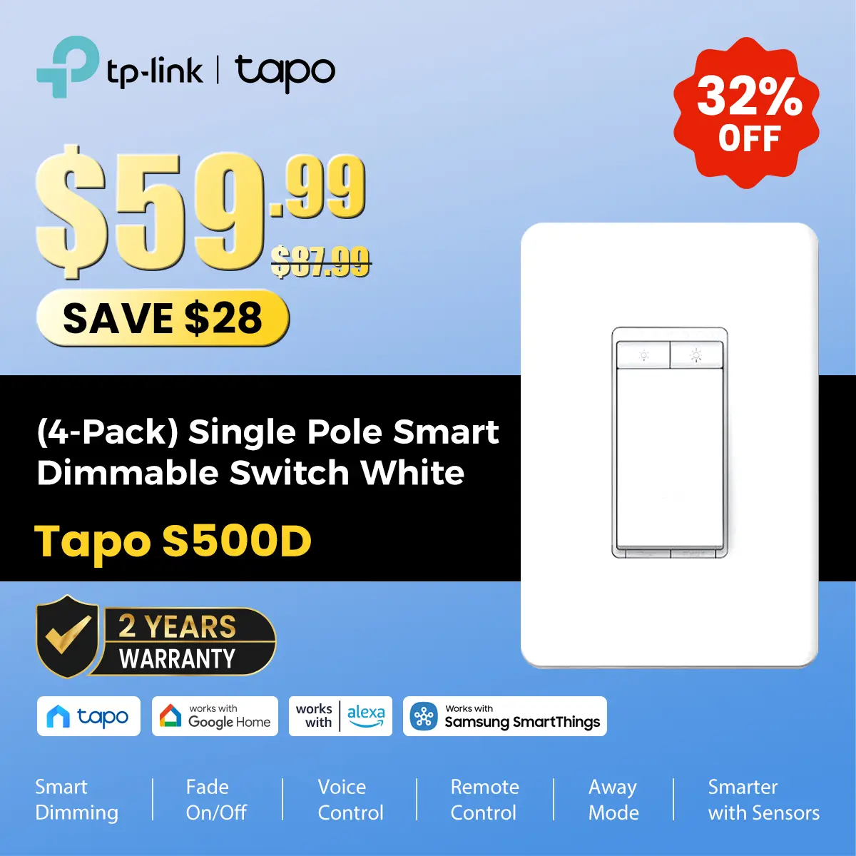 TP-Link & Tapo S500D (4-Pack) – Smart Dimmer Switch | Single Pole | Neutral Wire Required | 2.4 GHz Wi-Fi | Compatible with Alexa & Google Home | UL Certified | No Hub Needed | White #SummerWins #DealsForYouDays