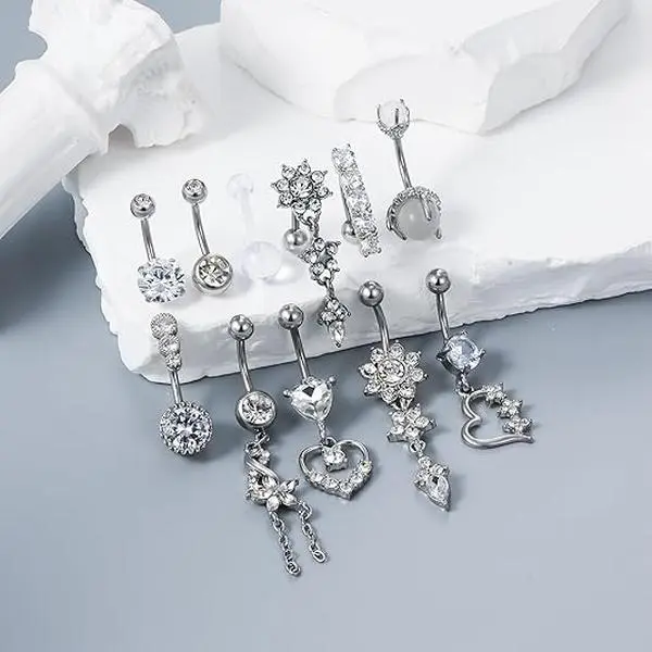 12pcs 14G Dangle Belly Button Ring Piercing Jewelry 316L Stainless 7Steel Heart Flower CZ Reverse Navel Rings Dangling Belly Button Ring Piercing Jewelry for Women
