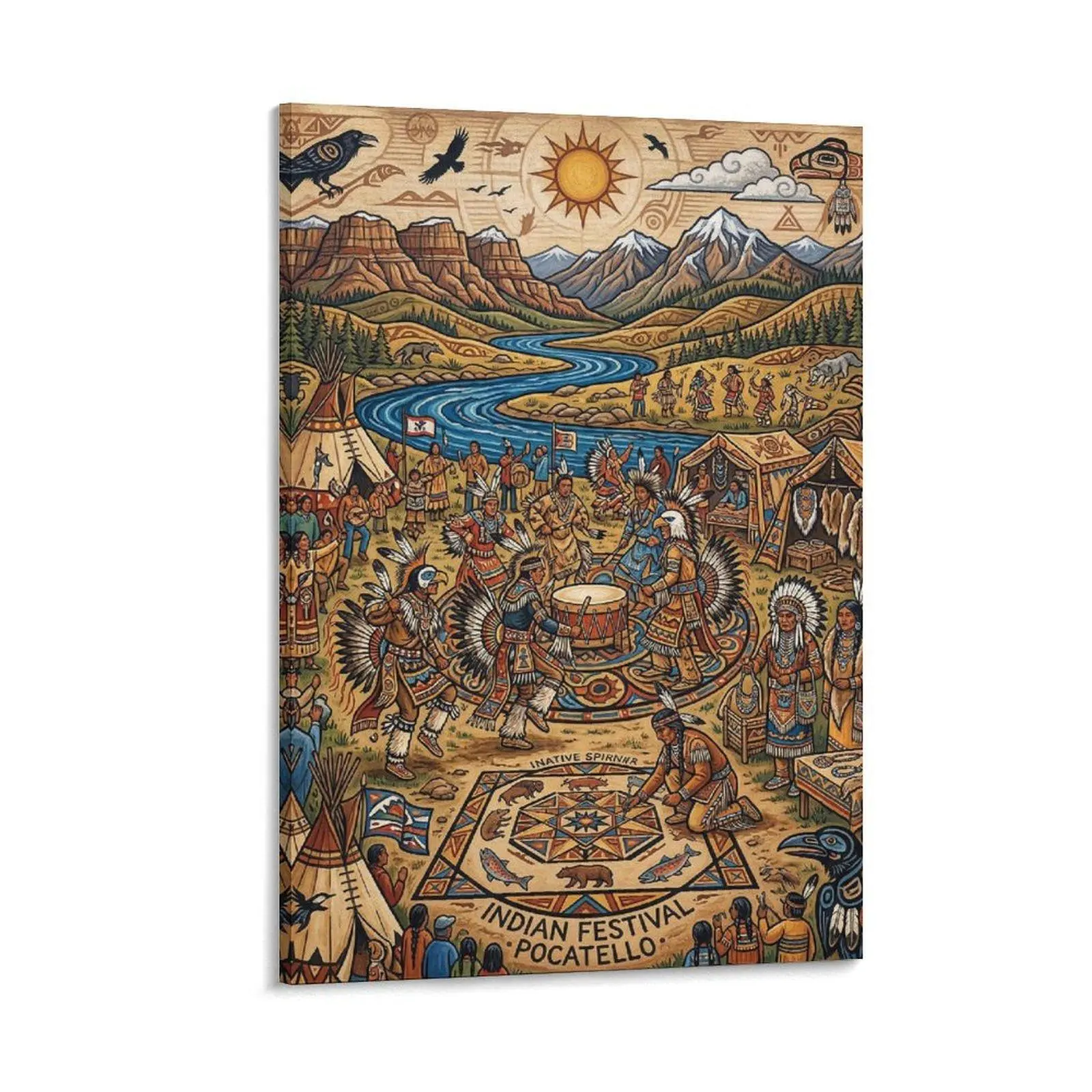 Printed Rectangular Canvas Art - Colorful Native American Pocatello Festival Scene, Tribal Ethnic Decorative Indoor Wall Decor for Living Room, Bedroom, Indoors