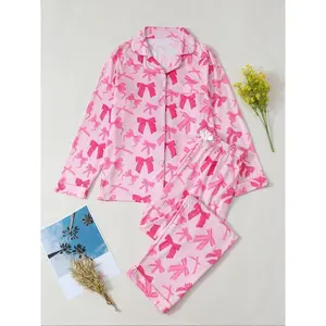 Women's long sleeved pajamas, pajamas, bow printed pajamas, comfortable fabrics, breathable and lightweight design, casual home wearRAIMENTRY