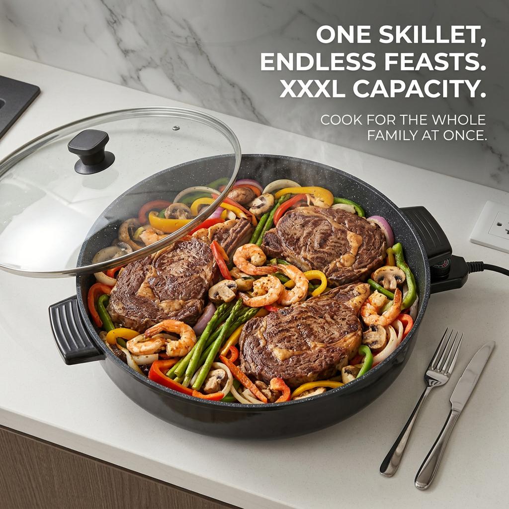 PRTYY Multifunctional Cooker, 40cm Round Electric Skillet with Frying Pan Function, 4cm Deep Non-Stick Surface, 5-Level Temp Control, Glass Lid, Fry Roast Simmer Capabilities, Ideal for Family Meals