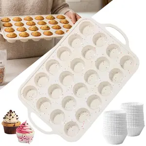 1set 24-Cavity Mini Cupcake Mold+200pcs Standard White Cupcake Liners, Baking Silicone Mold with Metal Reinforced Frame,  for Bakingfor Mini Muffins, Cupcakesand Candy – Durable,Dishwasher Safe summerwins