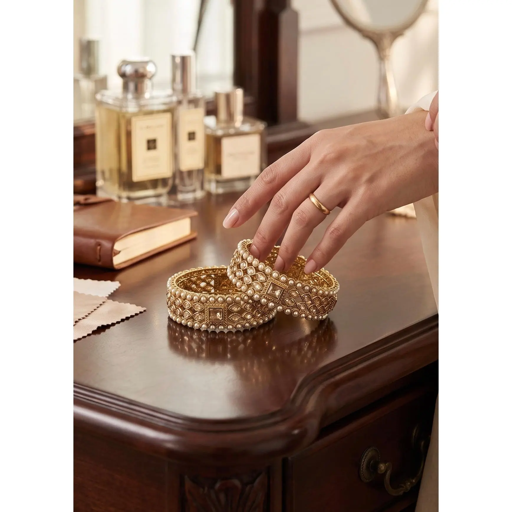 Zareen Pearl & Kundan Statement Bangles – Gold-Tone Bridal Bangle Set of 2 | 2 Sizes
