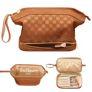 Waterproof Large Makeup Bag Organizer,Double Layer Cosmetic Travel Bag for Women Girls,Leather Toiletry Bag with Roomy Storage Portable
