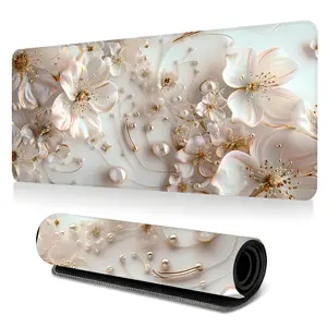 Delicate Pearl Flower Embossed Effect Desk Mat, Desk Accessories, 3mm Thickened Soft Style Desktop Protection Pad, Anti-Slip Rubber Lock Edge High-Definition Printing, Suitable For Computers, Laptops, Offices, Homes, Great Gift For Family And Friends