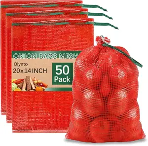 50 Pcs 20x14in Red Mesh Onion Bags with Drawstring, 35 lb Reusable Fresh Produce Onion Sacks For Onions Garlic Citrus Crawfish Firewood ,Washable Breathable Net Bags For Vegetable| Breathable