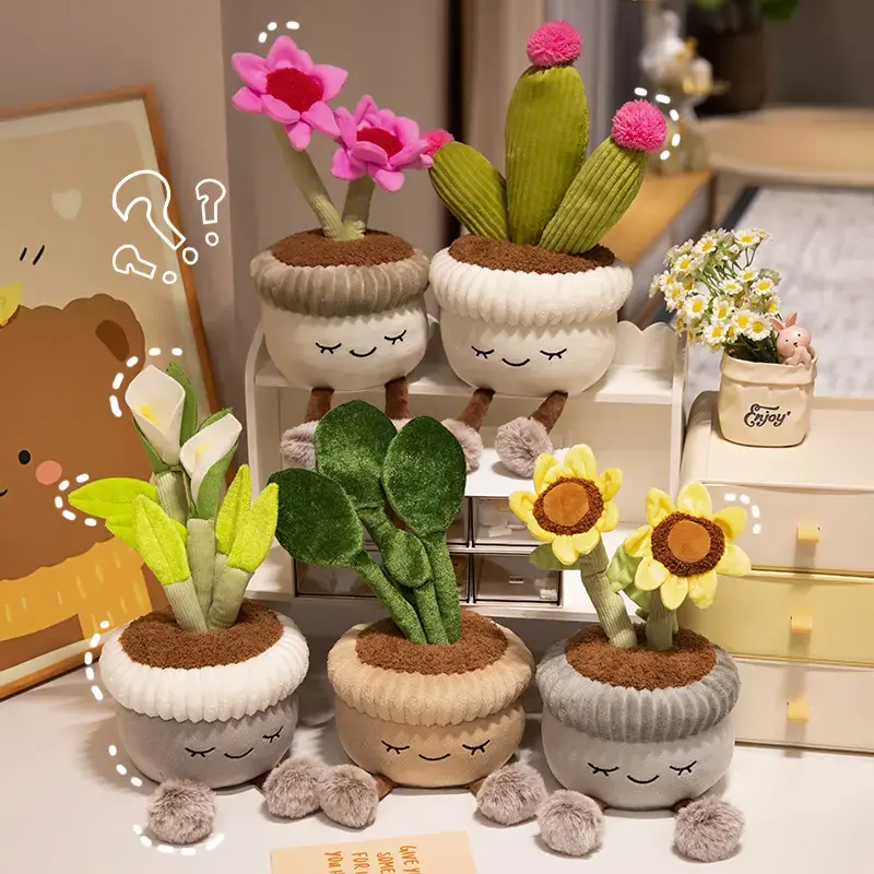 A plush potted-plant home decoration that comes with a gift bag; featuring a smiling face that brings joy and positivity, it adds a cheerful, lively touch to your life and is crafted from soft plush material.