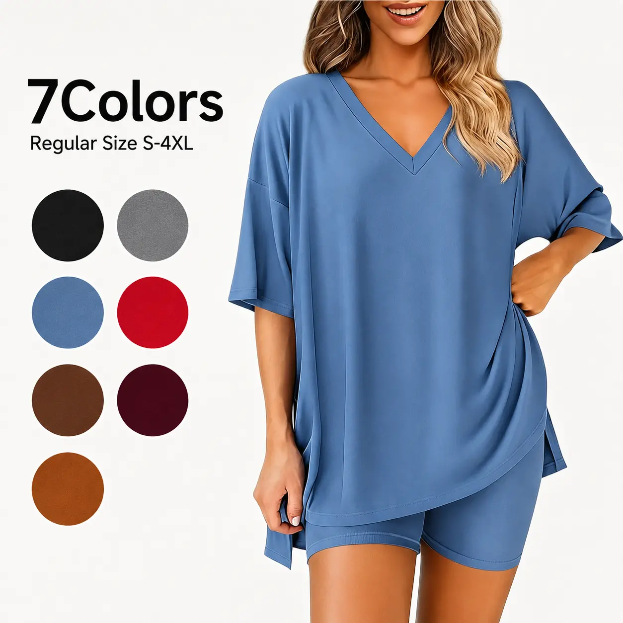 V Neck 2-Piece Set for Women Summer Casual Oversized Split Hem Shirts and Side Pocket Leggings Shorts Minimalist Lounge Wear Soft Double-Sided Brushed Milk Silk Fabric Comfy Homewear Cozy Pjs