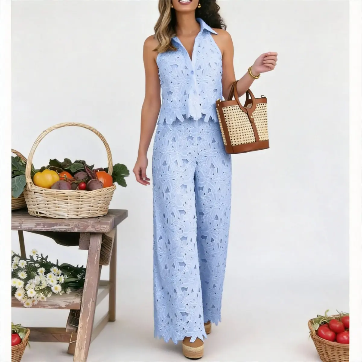 Summer Women's  Retro Lace Outfit Set V-Neck Vest Top& Wide-Leg Straight-Cut Trousers Two-Piece Luxury Embroidery Hollow Temperament Suit Elegant Summer Outfit