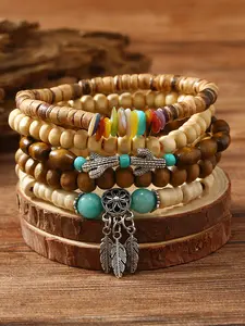 5-Piece Boho Beaded Bracelet Set, Handmade Multi-Layer Western Style, Alloy Feather Pendants, Cactus Design, All Seasons Jewelry