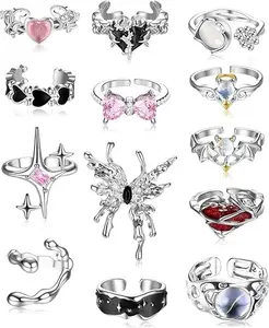 13 PCS Y2k Rings For Women Vintage Irregular Rings for Women Men Chunky Adjustable Rings Gothic Goth Open Moonstone Butterfly Star Pink Heart Cool Statement Ring Aesthetic Accessories Ring Set