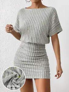 Women's Striped Knit Breathable Dress with Fitted Bodycon Design, Short Sleeve and Ruching for Summer Spring Fall Casual Wear