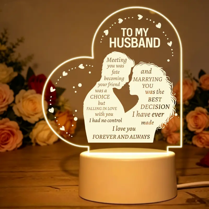 Heart-Shaped Acrylic LED Night Light, Romantic Atmosphere Lamp with Ambient Glow, Warm Bedside Decor for Anniversary Valentine's Day Birthday Gift for Husband Wife Home