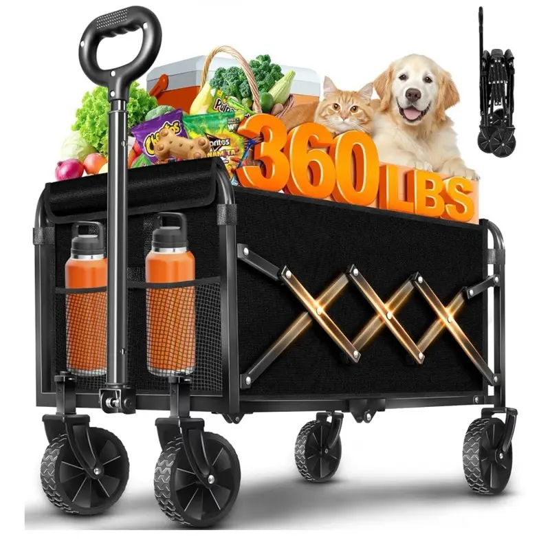 AMADA HOMEFURNISHING Foldable Wagon Cart Collapsible Utility Cart with 360 lbs Capacity Expandable 90L Storage 2 Cup Holders Perfect for Groceries Gardening & Camping