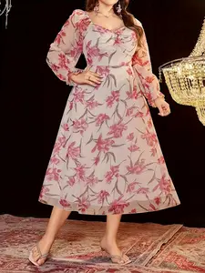 Women's Fashion Plus Size Elegant Chiffon Print Dress, Loose-Fitting Midi Dress, Long Sleeve Woven Fabric, All Seasons Wear