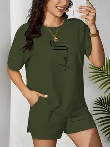 【Plus Size】 Two-Piece Set Womenswear Ethnic Pattern Letter Print Tee & Shorts Set, Casual Short Sleeve T-shirt & Skinny Shorts, Women's Two-piece for Summer