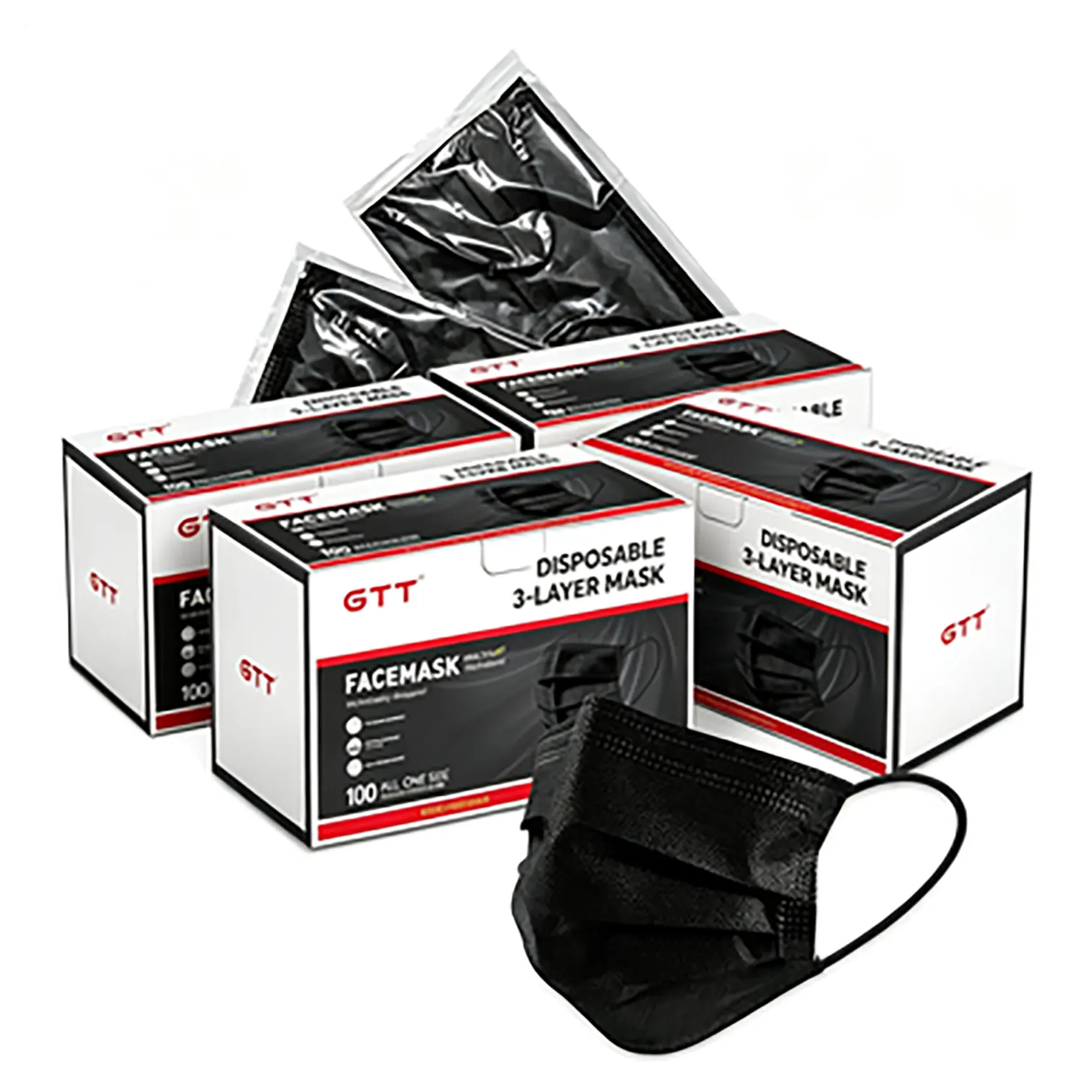 GTT Disposable 3-Ply Black Protective Face Masks - Protection, Lightweight, Skin-Friendly, Soft Stretch Ear Loops, 200 Individually Wrapped Pieces in 4 Boxes, Breathable Home Care Dust Covers, No Cross-Contamination