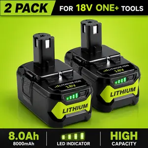 18V 2-Pack 8.0Ah Lithium-Ion Replacement Battery for Ryobi 1+ P108, P107, P104, P122 Power Tools, Upgraded High-Capacity Battery with LED Indicator