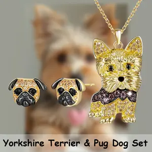 3 Pcs/Set Adorable Golden Yorkie & Pug Jewelry Set: Cute Dog Pendant Necklace & Stud Earrings. Elegant Alloy Gift for Dog Lovers, Mom, Daughter, Friend - Perfect Birthday, Christmas, Valentine Present