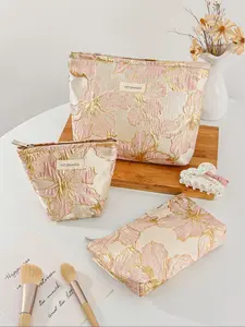 Floral Pattern Makeup Bag Set, 1 Set/ Including Large Capacity Cosmetic Storage Bag & Makeup Brush Bag & Makeup Mirror Bag, Portable Travel Bag, Makeup Pouch, Makeup Organizer Pouch