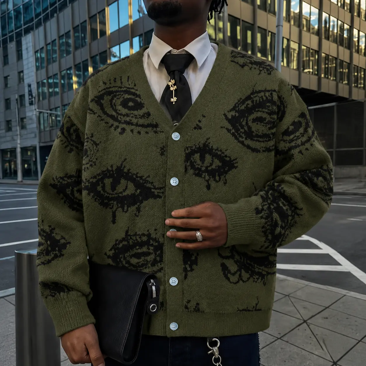 Mens Y2K Streetwear Big Eye Graphic Knit Cardigan Vintage Halloween Costume V Neck Button Up Sweater Casual Relaxed Fit Fall Winter Grunge Tops Olive Green S-XL