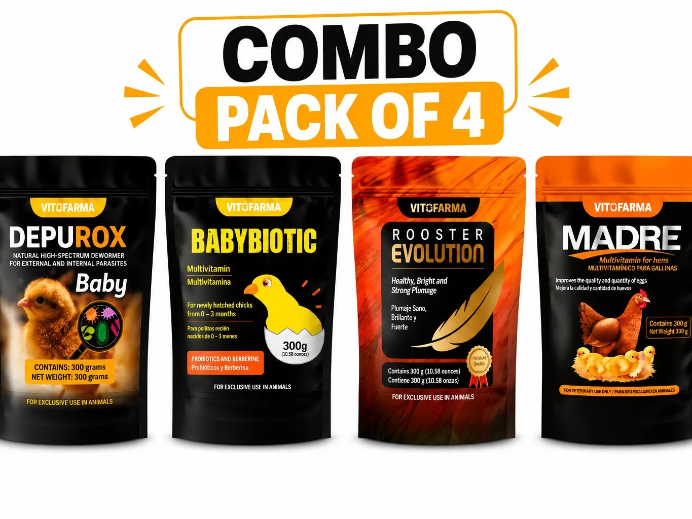 Vitofarma COMBO PACK OF 4 COMPLETE POULTRY CARE | Depurox Baby + Babybiotic + Rooster Evolution + Madre
