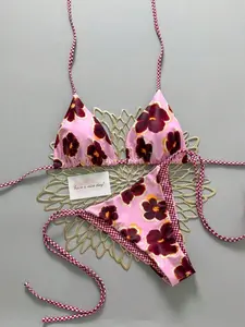 Women's Two-Piece Swimsuit Set, Vacation Beach Wear, Comfortable Slim Fit, Sexy Tie Back, Ditsy Floral Pattern, Ideal for Pool Parties