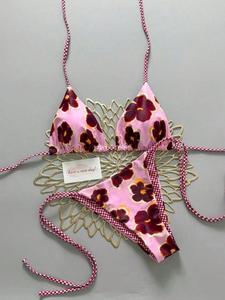 Women's Two-Piece Swimsuit Set, Vacation Beach Wear, Comfortable Slim Fit, Sexy Tie Back, Ditsy Floral Pattern, Ideal for Pool Parties