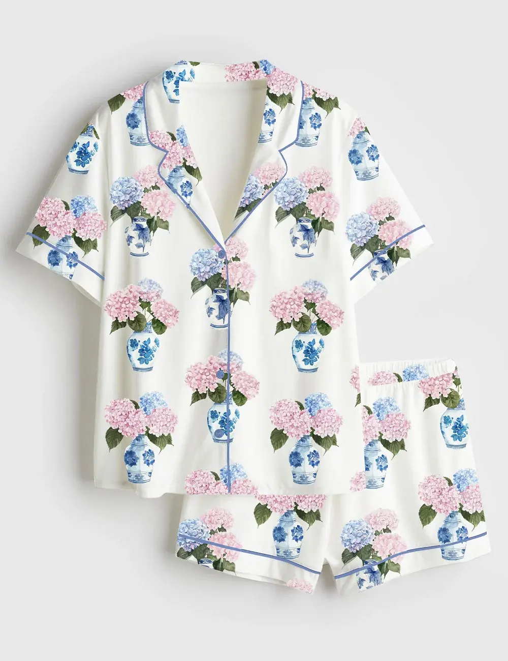 Pink And Blue Hydrangea Chinoiserie Flowers In Blue And White Vase Pajama Set For Women, Gift For Her, SoftLounge Pajamas, CozyDream Set, Gift For Lover.