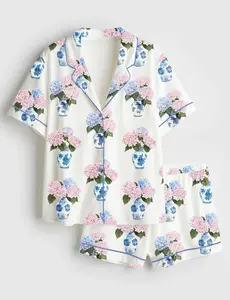 Pink And Blue Hydrangea Chinoiserie Flowers In Blue And White Vase Pajama Set For Women, Gift For Her, SoftLounge Pajamas, CozyDream Set, Gift For Lover.