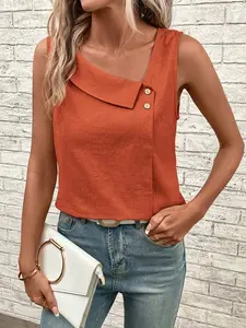 EMERY ROSE Crinkle Cotton Asymmetric Button Decorated Women's Blouse