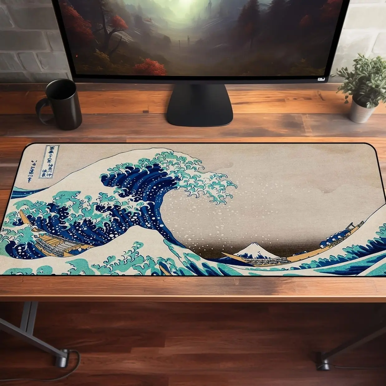 Great Wave Mouse Pad Large Japanese Art Desk Mat Inspired by Hokusai Ukiyo-e Print for Office Decor or Gaming Setup