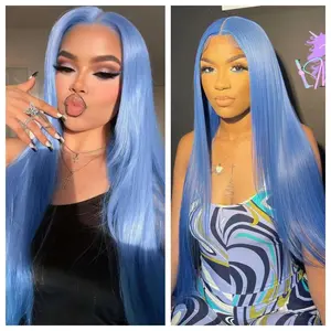 Phyoung Hair 13*6 Baby Blue Color Lace Frontal Synthetic Wig Long Straight Prelucked Hair Gluesless Heat Resistant Fiber Hair Gifts for Girlfriend