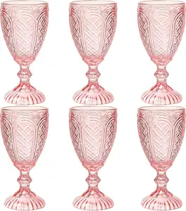 Pink Wine Glasses Set of 6 Vintage Pink Glassware for Weddings Birthdays and Everyday Use Handcrafted Artisanal Quality Durable Design 500 ml Volume Classic Round Shape