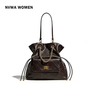 The Espresso Slouchy Tote - Edgy Quilted Hobo Bag Glossy Vegan Leather with Chunky Chain and Drawstring for Everyday Work