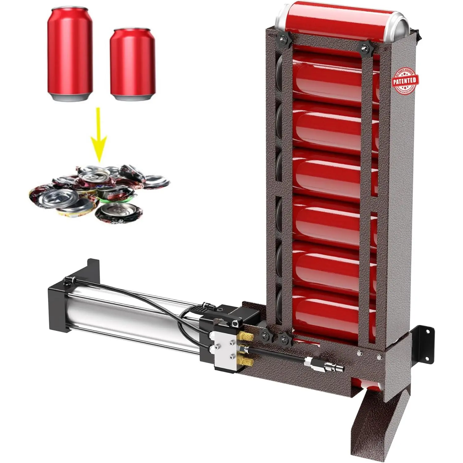Pneumatic Can Crusher Appliance - Wall-Mounted Kitchen Utensil with Pneumatic System, Hopper and Basket, Automatic 12oz-16oz Soda Beer Aluminum Smasher for Eco-Friendly Recycling