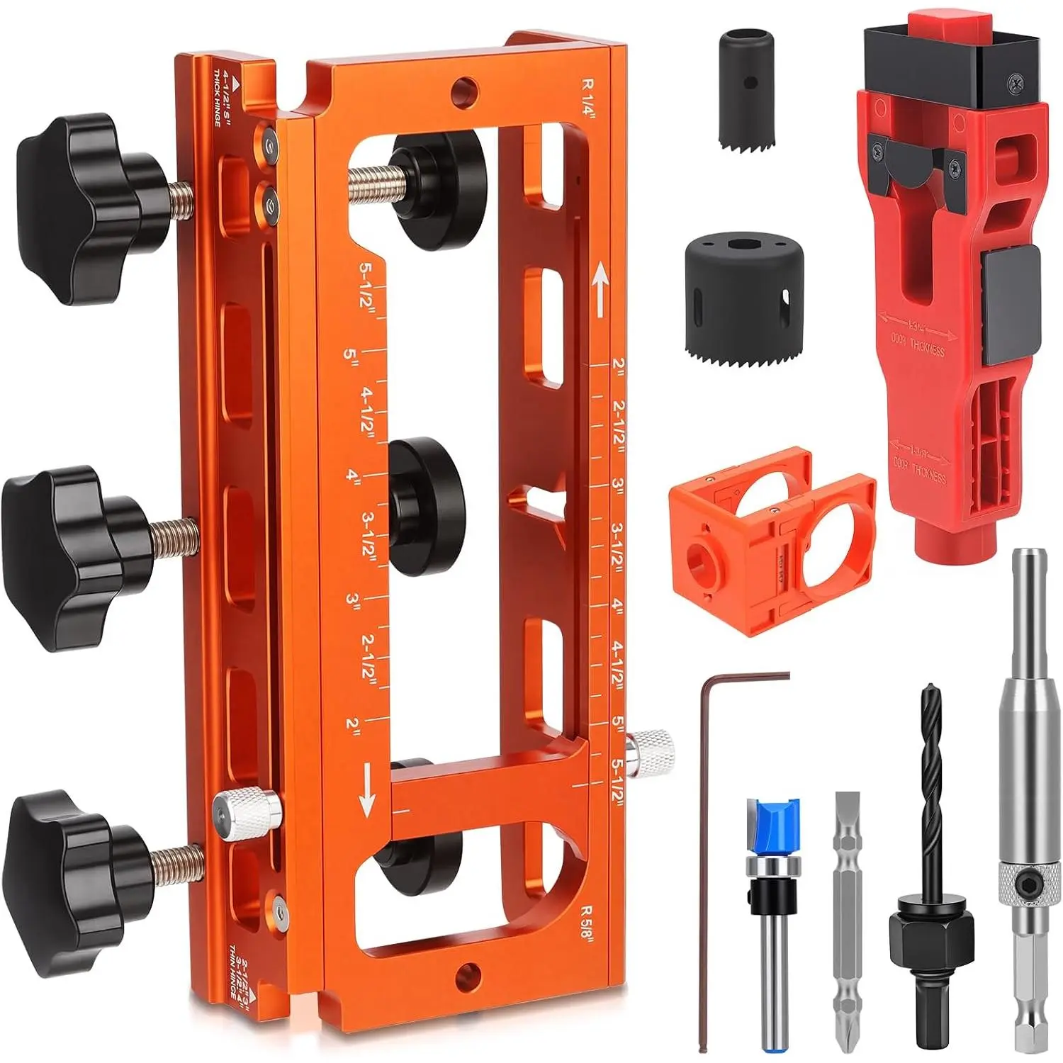 Door Hinge Jig,Door Hinge Template Kit for Router,Door Hinges Mortise Jig Fits 2.5" to 5" Length and Thicknesses, 1/4" Radius, 5/8" Radius & Square Corner Types (with Door Lock and Latch Kit)