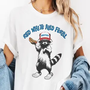 USA Red White Feral Raccoon Graphic Tee Vintage Hot dog Party America Patriotic Racoon Tshirt Trucker Hat Hot Dog Eating Redneck Shirt Unisex Casual Womens Top raccoon July 4th Memorial Day