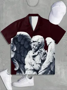 Men's Angel Print Short Sleeve Shirt, Casual Style Shirt, Casual Button Collared, Regular Fit Casual Comfy Top for Daily Outdoor Wear, Men Clothes for Summer, Menswear, Casual Graphic Shirt, Button Front Shirt