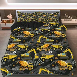 3PCS Duvet Cover Set, 1 Duvet+2 Pillowcases(Without filler), Construction Vehicles Industrial Machinery Yellow Grey theme, Christmas bedding set, Excavator Truck Crane Suitable for decoration Bedroom Dormitory Apartment Studio.